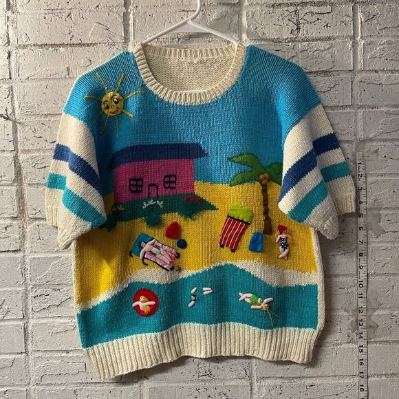 Hand knit Sweaters - Vintage 80s 3D Hand-Knit Beach Scene Sweater – Whimsical Summer Coastal Kitsch